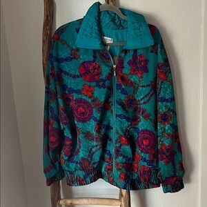 Lavon Vibrant Turquoise Red Purple Gem Patterned Bomber Jacket Large